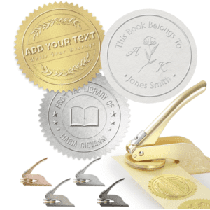 A collection of paper seals and tags with gold, silver, or bronze foil.